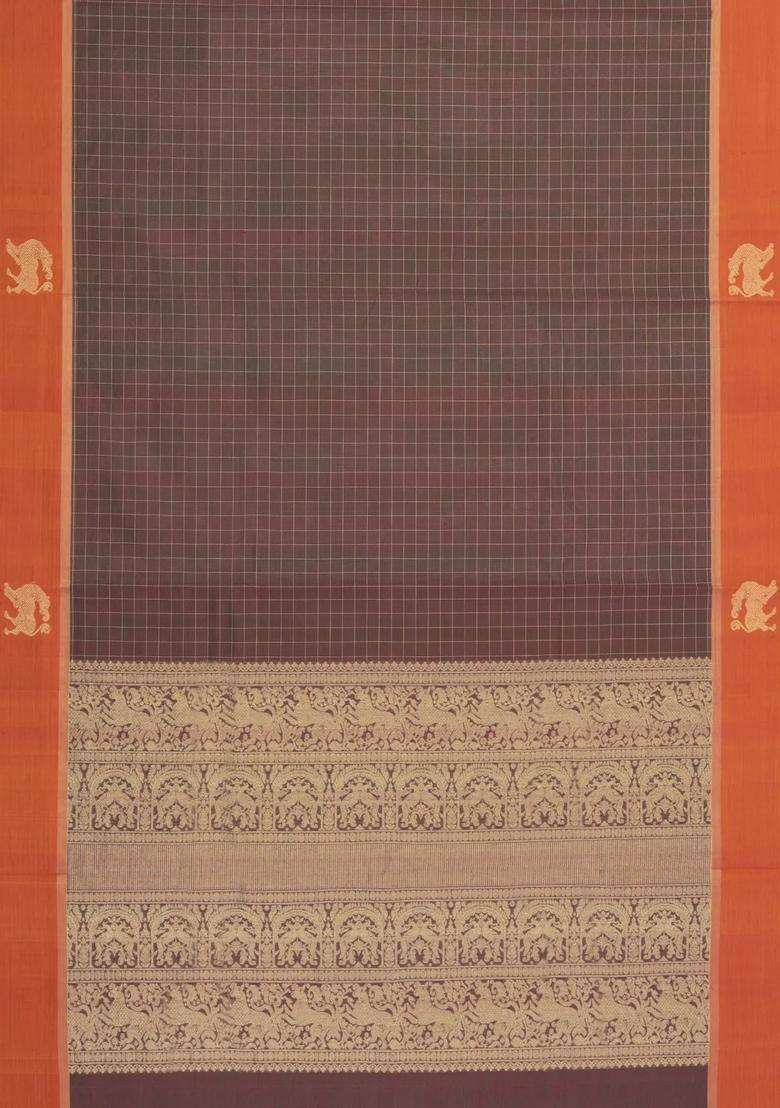 Brown Handloom Silk Cotton Saree With Checks Contrast Border With Checks And Stripes Design For Women - Indya