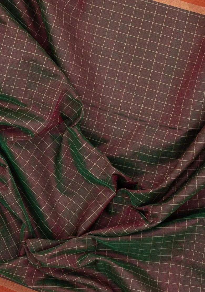 Brown Handloom Silk Cotton Saree With Checks Contrast Border With Checks And Stripes Design For Women - Indya