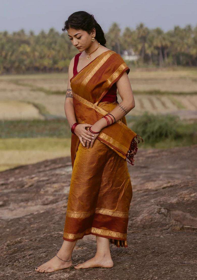 Oil Mustard Handloom Silk Cotton Saree With Zari Stripes With Checks And Stripes Design For Women - Indya