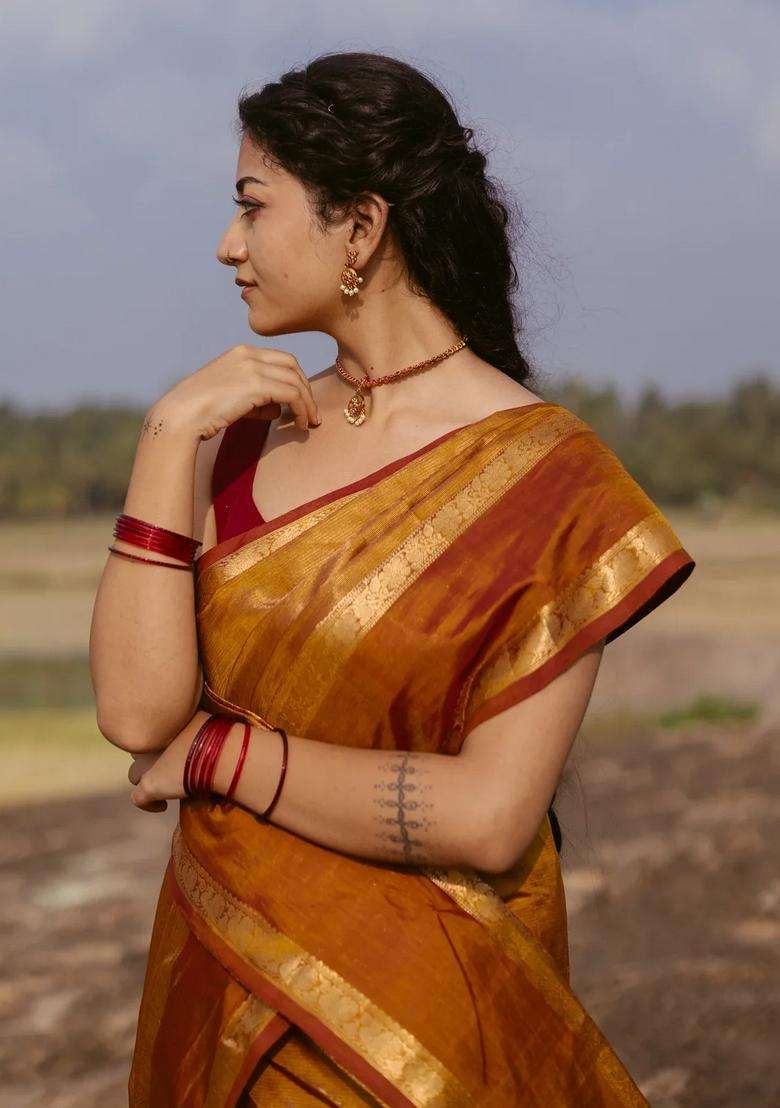Oil Mustard Handloom Silk Cotton Saree With Zari Stripes With Checks And Stripes Design For Women - Indya