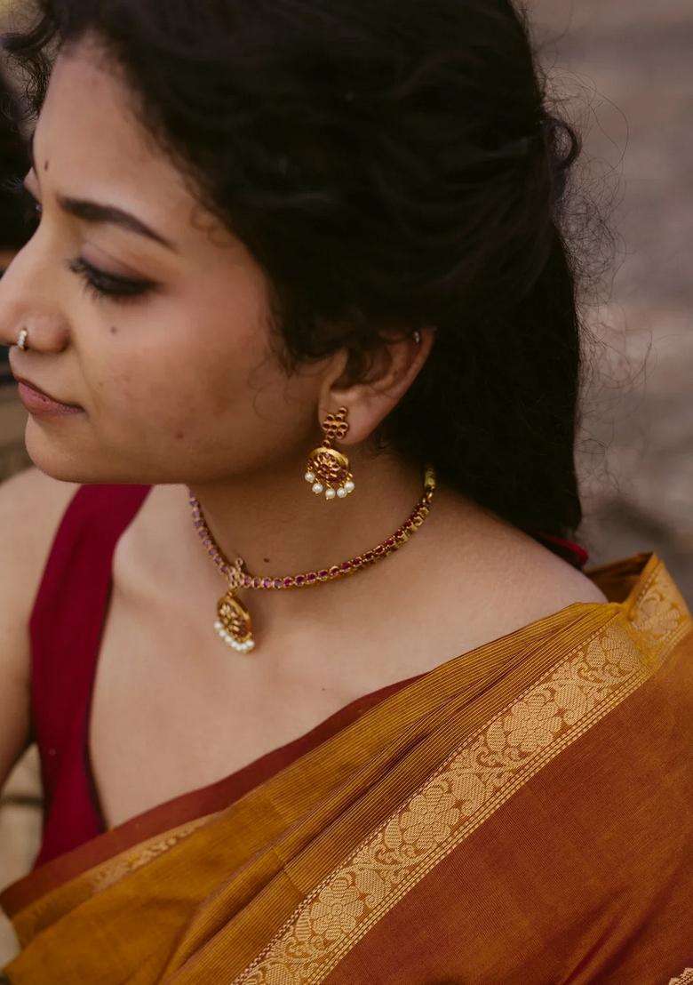 Oil Mustard Handloom Silk Cotton Saree With Zari Stripes With Checks And Stripes Design For Women - Indya