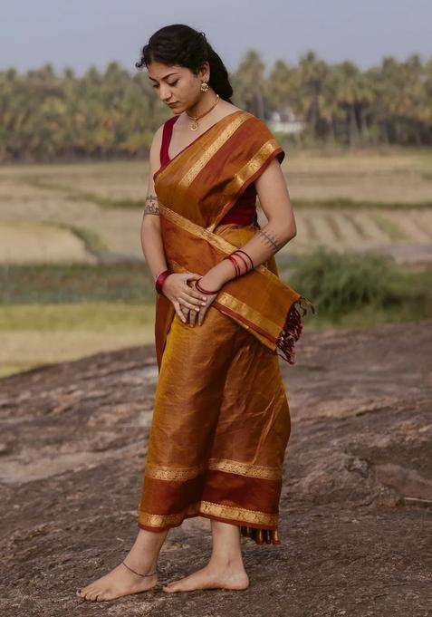 Oil Mustard Handloom Silk Cotton Saree With Zari Stripes With Checks And Stripes Design For Women