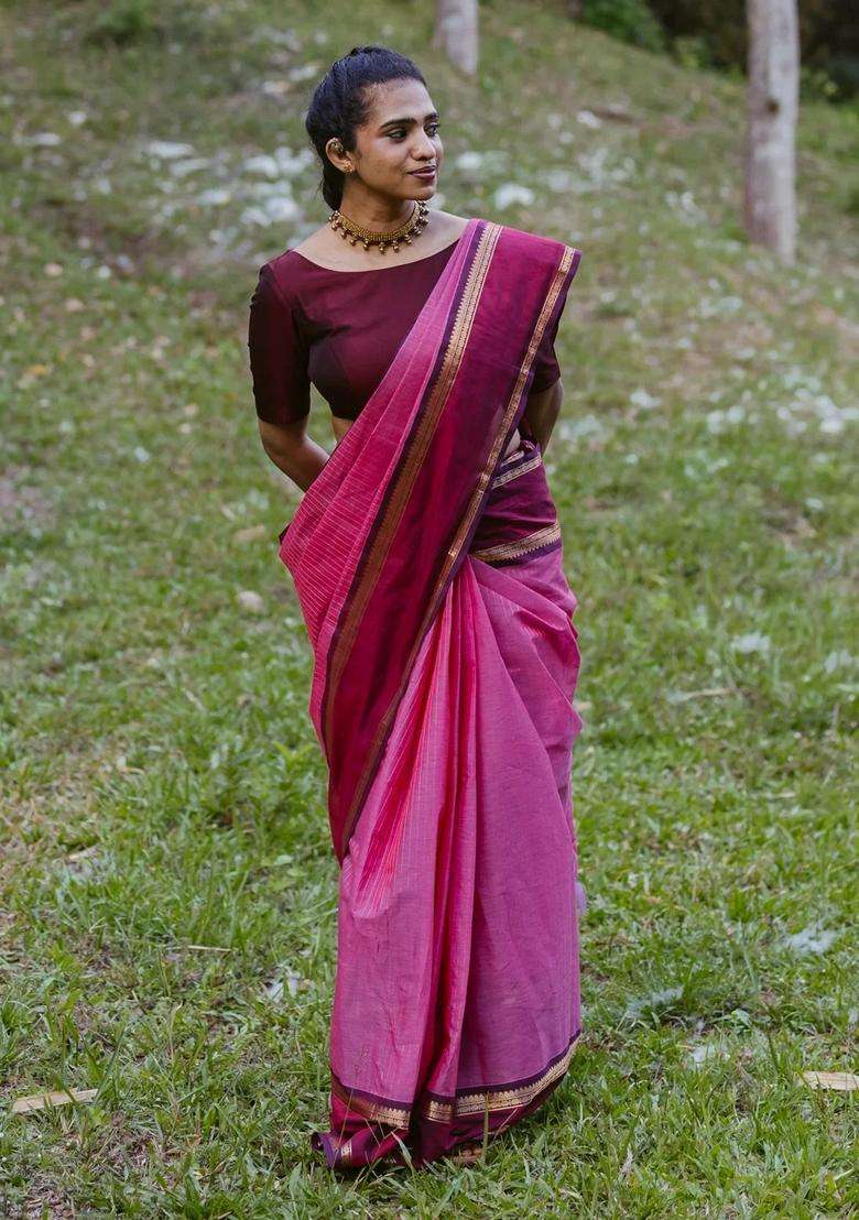 Bubblegum Pink Handloom Kanchi Cotton Saree With Stripes Contrast Border With Checks And Stripes Design For Women - Indya