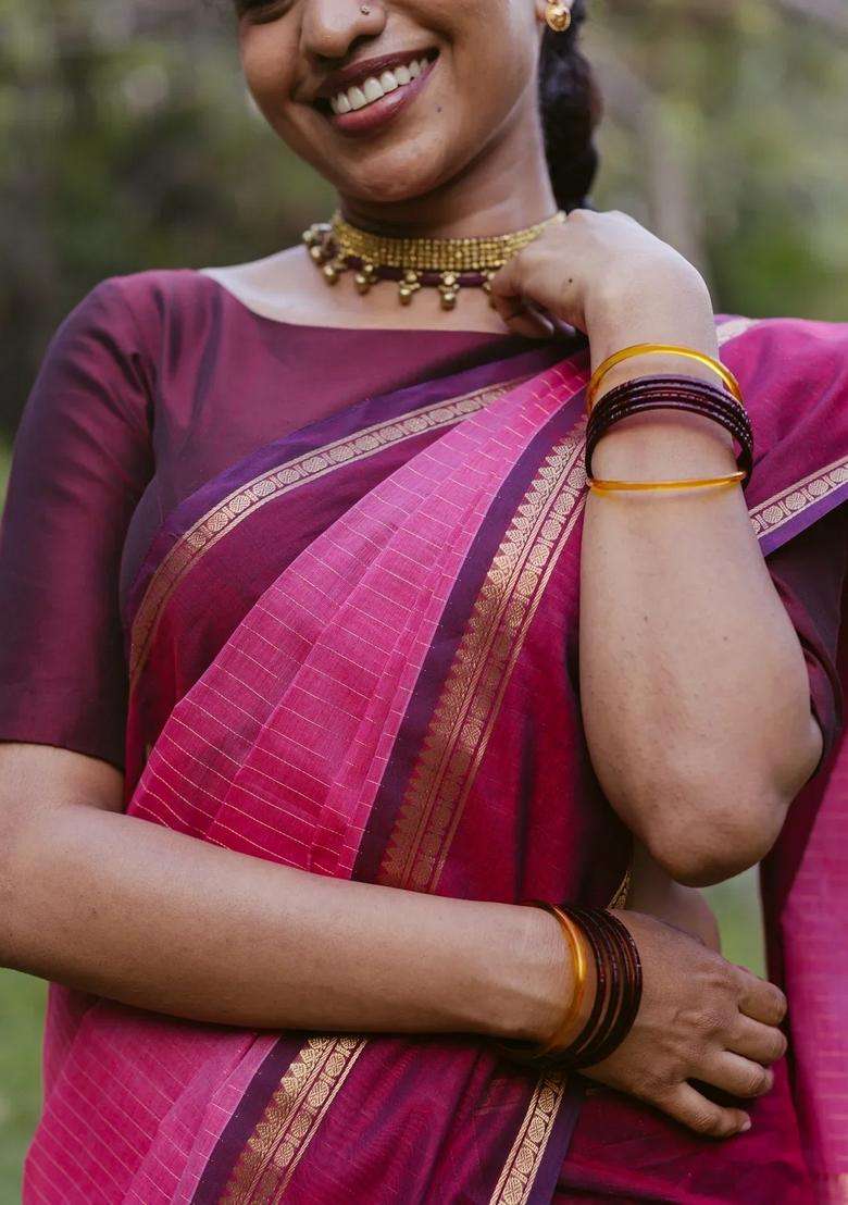 Bubblegum Pink Handloom Kanchi Cotton Saree With Stripes Contrast Border With Checks And Stripes Design For Women - Indya