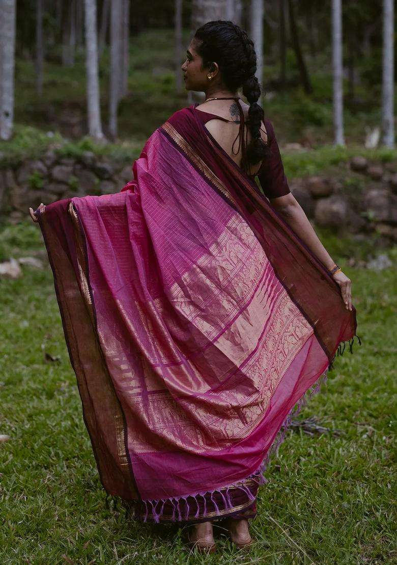 Bubblegum Pink Handloom Kanchi Cotton Saree With Stripes Contrast Border With Checks And Stripes Design For Women - Indya