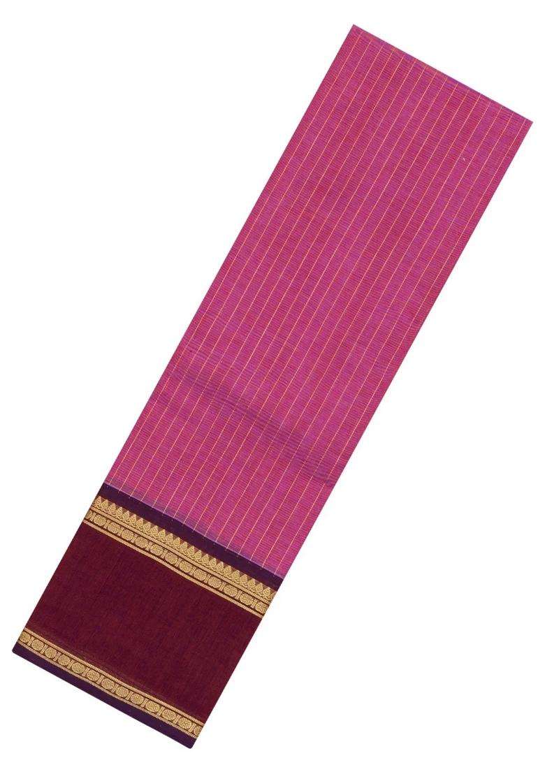 Bubblegum Pink Handloom Kanchi Cotton Saree With Stripes Contrast Border With Checks And Stripes Design For Women - Indya
