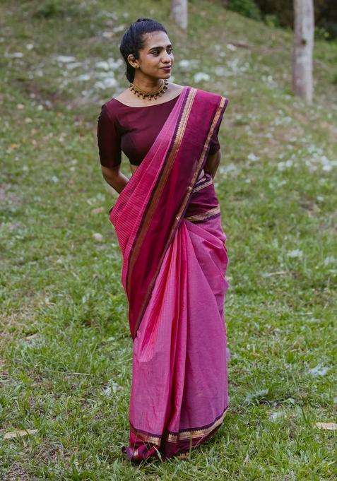 Bubblegum Pink Handloom Kanchi Cotton Saree With Stripes Contrast Border With Checks And Stripes Design For Women