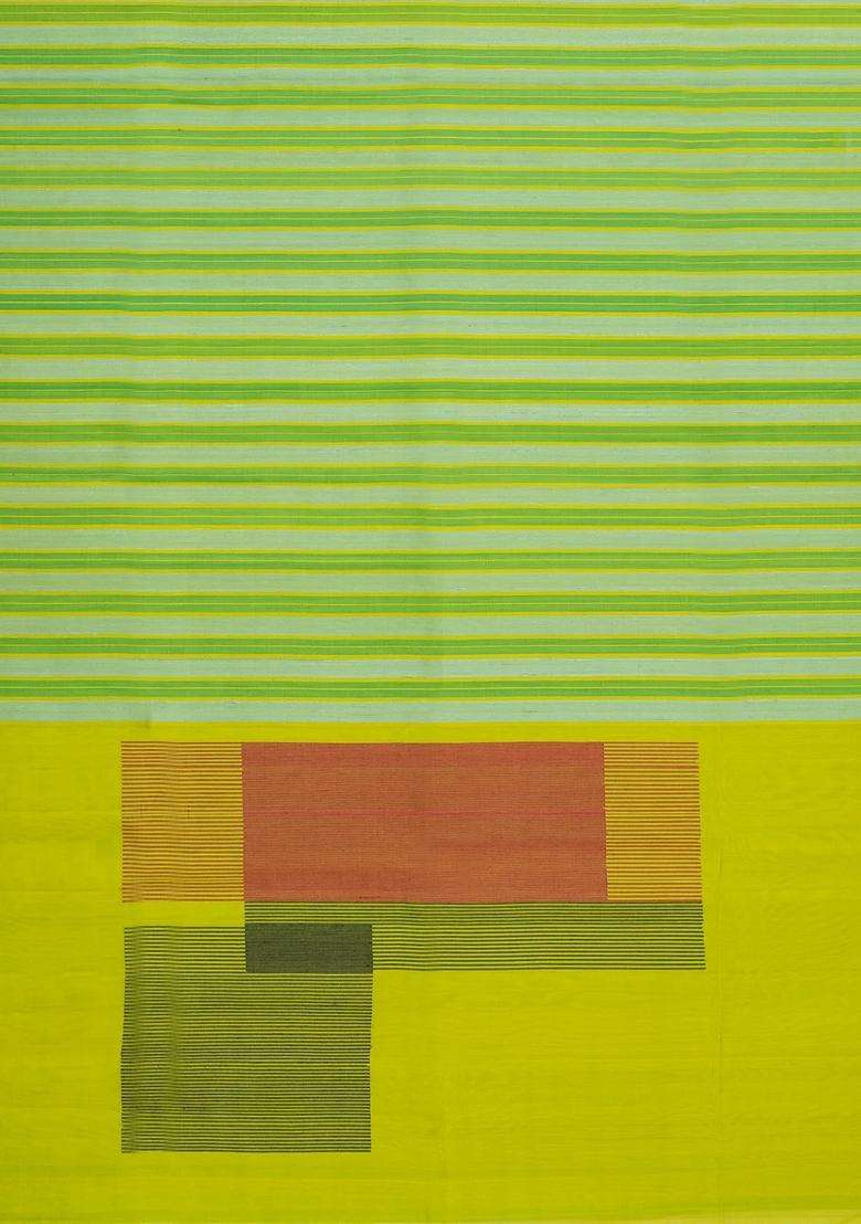 Light Green Handloom Soft Silk Saree With Stripes With Checks And Stripes Design For Women - Indya