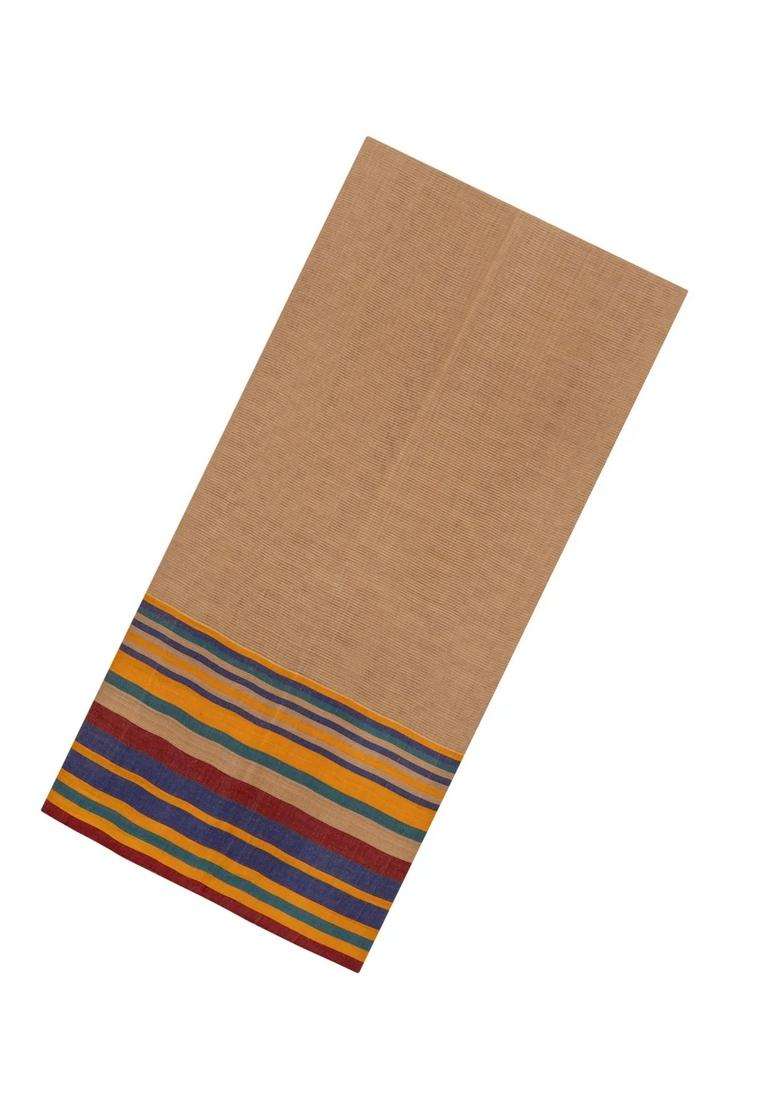Beige Handwoven Bengal Cotton Saree With Stripes Border With Checks And Stripes Design For Women - Indya
