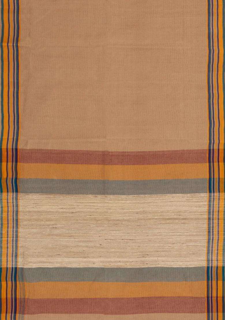 Beige Handwoven Bengal Cotton Saree With Stripes Border With Checks And Stripes Design For Women - Indya