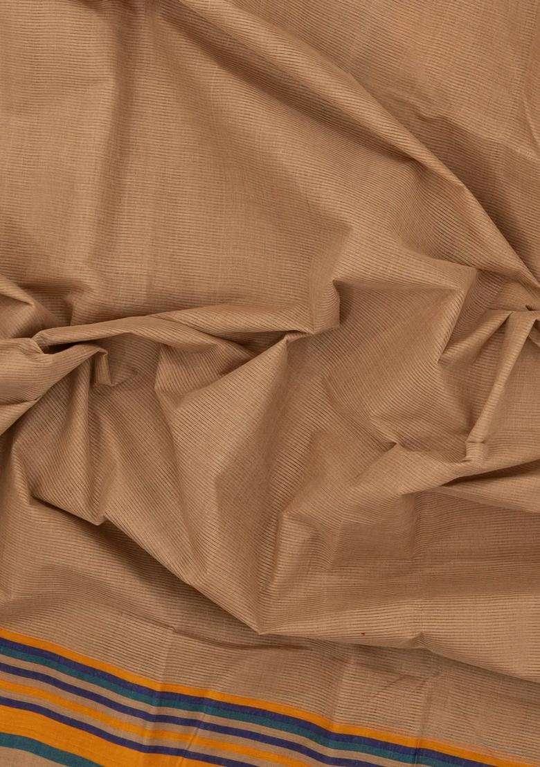 Beige Handwoven Bengal Cotton Saree With Stripes Border With Checks And Stripes Design For Women - Indya