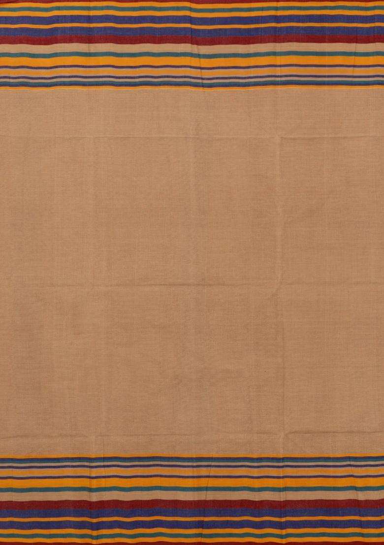 Beige Handwoven Bengal Cotton Saree With Stripes Border With Checks And Stripes Design For Women - Indya