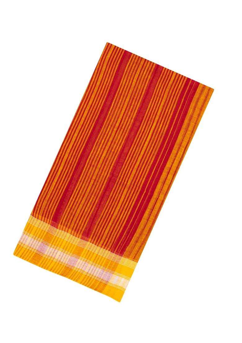 Mustard Red Handwoven Bengal Cotton Saree With Stripes With Checks And Stripes Design For Women - Indya