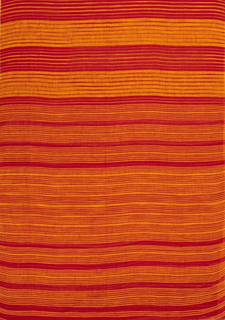 Mustard Red Handwoven Bengal Cotton Saree With Stripes With Checks And Stripes Design For Women - Indya