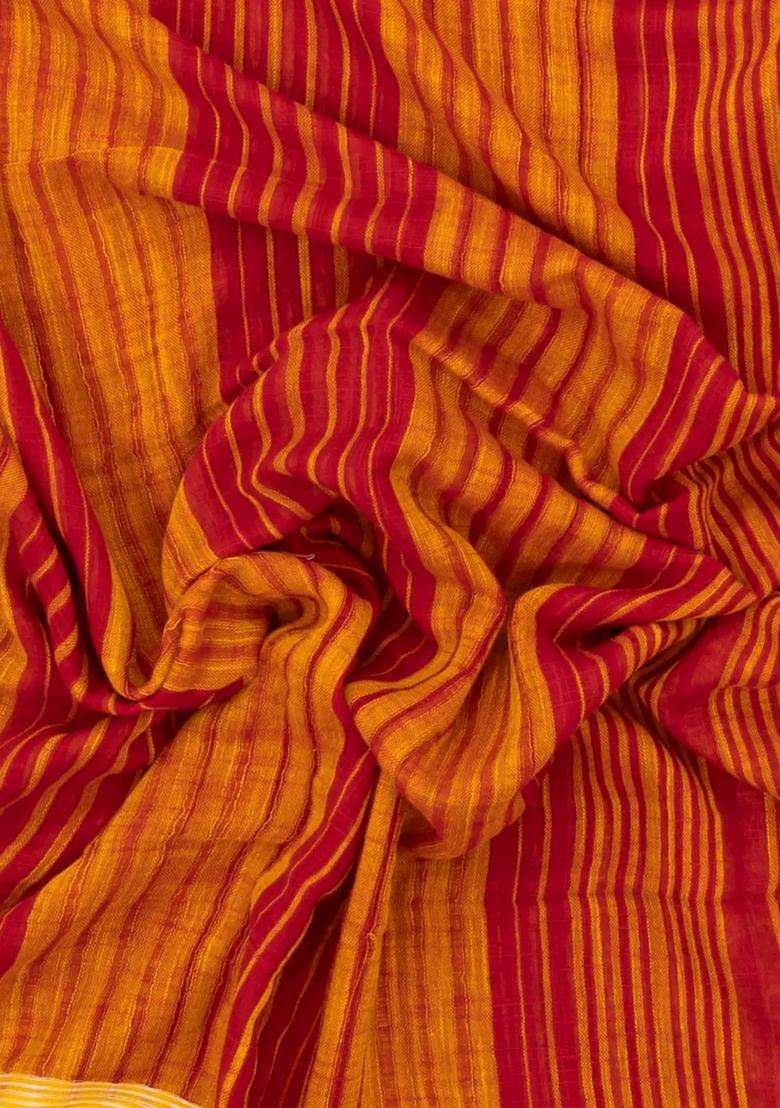 Mustard Red Handwoven Bengal Cotton Saree With Stripes With Checks And Stripes Design For Women - Indya