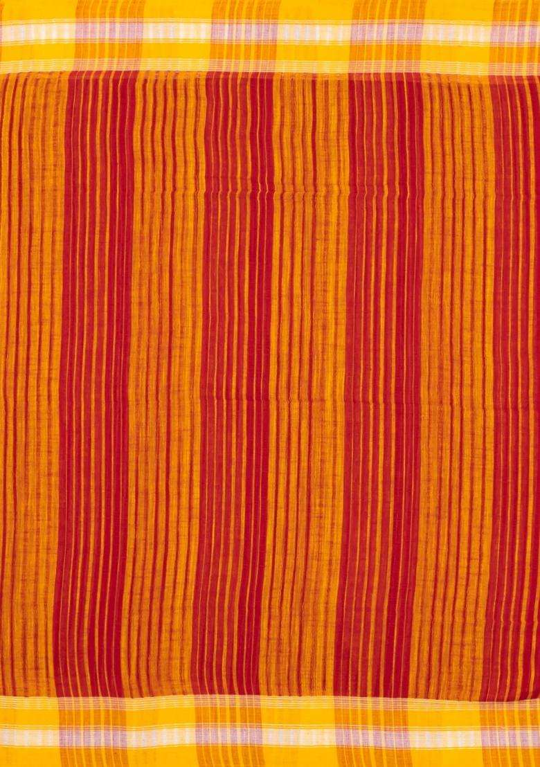 Mustard Red Handwoven Bengal Cotton Saree With Stripes With Checks And Stripes Design For Women - Indya
