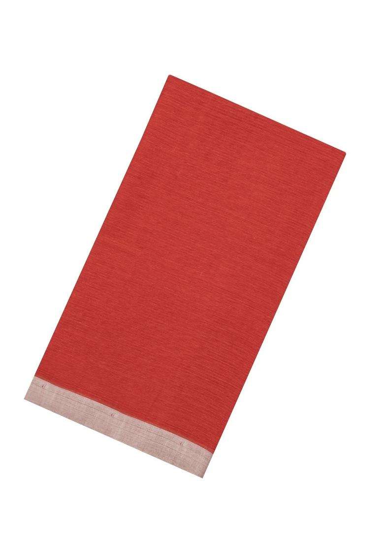 Red Handwoven Bengal Cotton Saree With Grey Border With Traditional Woven Design For Women - Indya