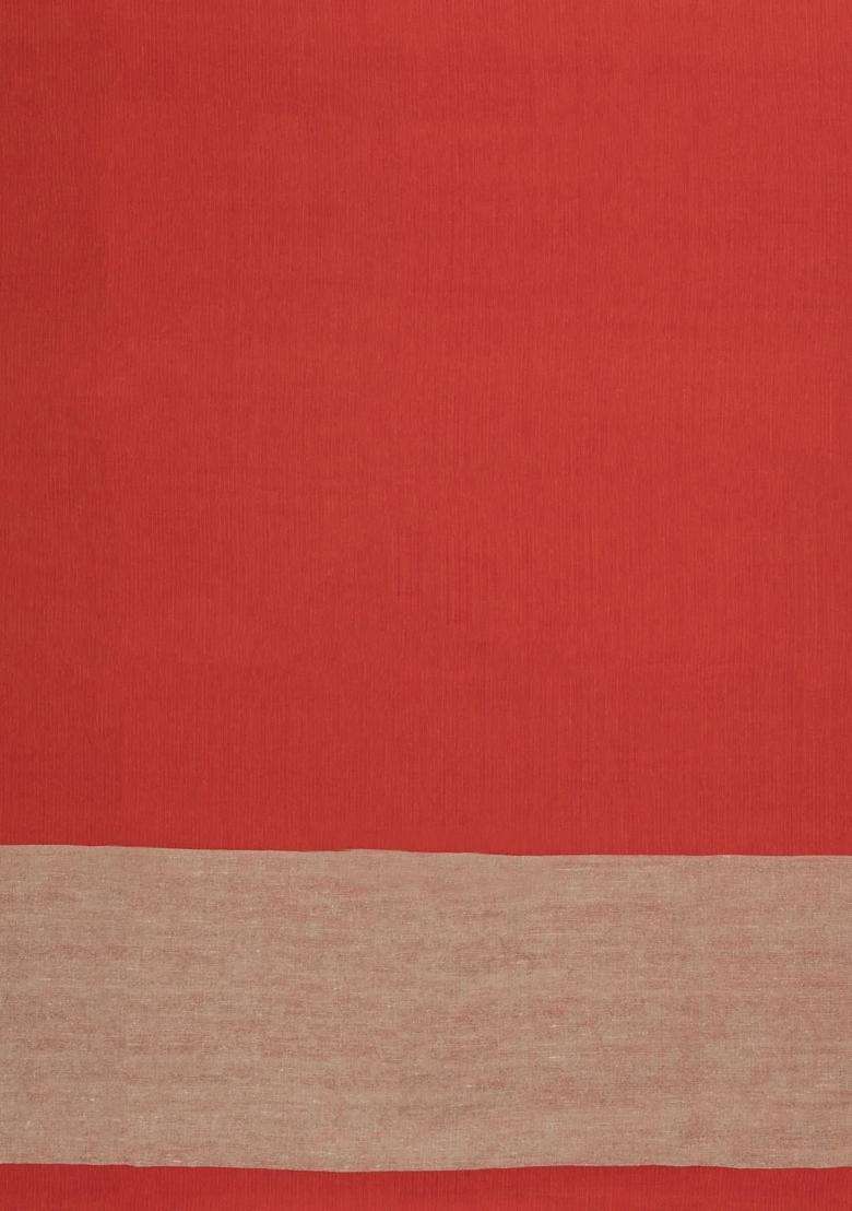 Red Handwoven Bengal Cotton Saree With Grey Border With Traditional Woven Design For Women - Indya