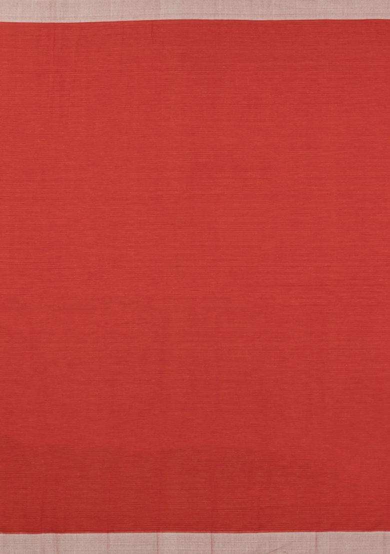 Red Handwoven Bengal Cotton Saree With Grey Border With Traditional Woven Design For Women - Indya