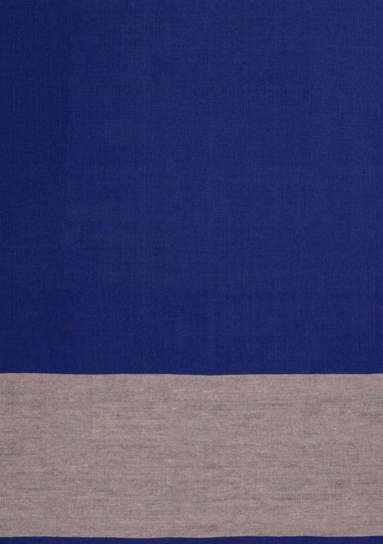 Dark Blue Handwoven Bengal Cotton Saree With Grey Border With Traditional Woven Design For Women - Indya