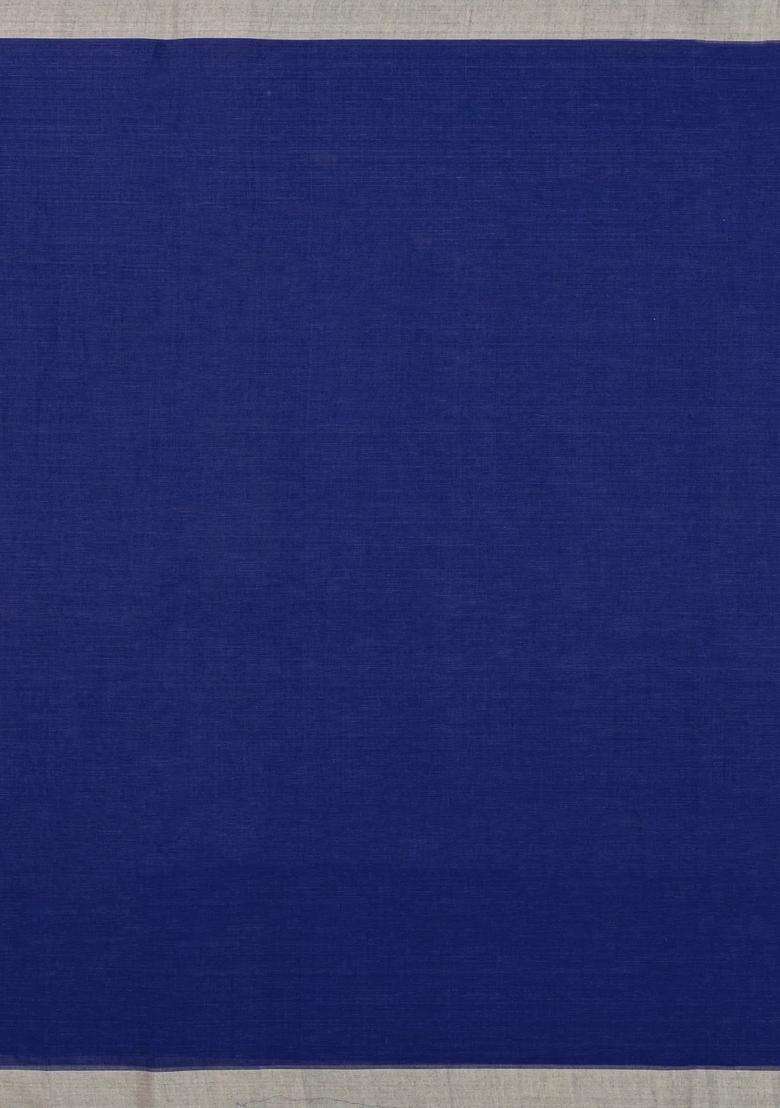 Dark Blue Handwoven Bengal Cotton Saree With Grey Border With Traditional Woven Design For Women - Indya