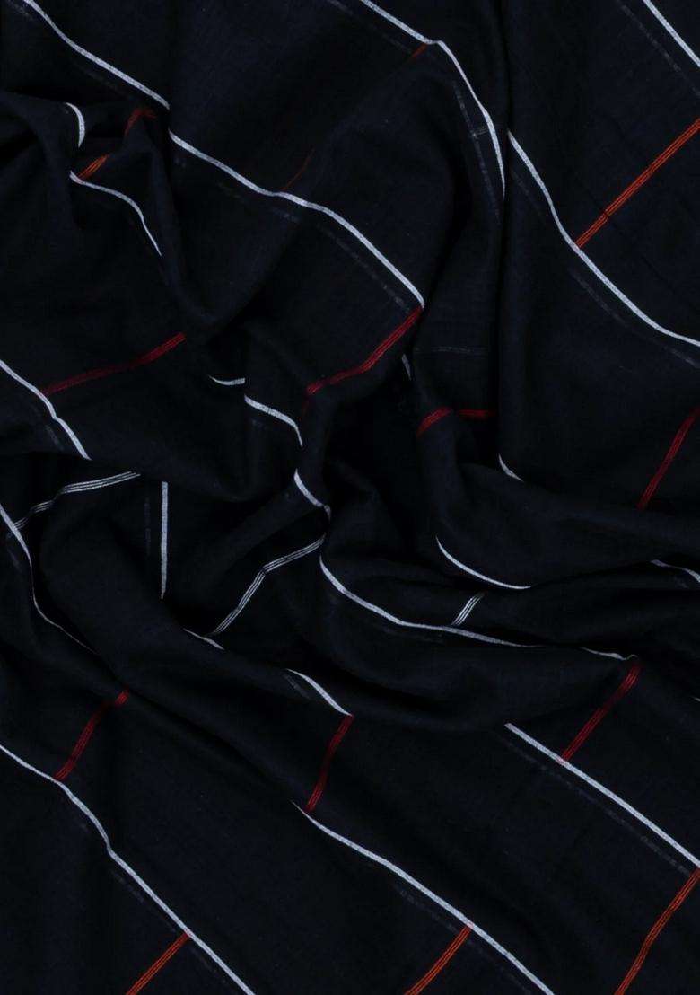 Black Handwoven Bengal Cotton Saree With Checks Contrast Border With Checks And Stripes Design For Women - Indya