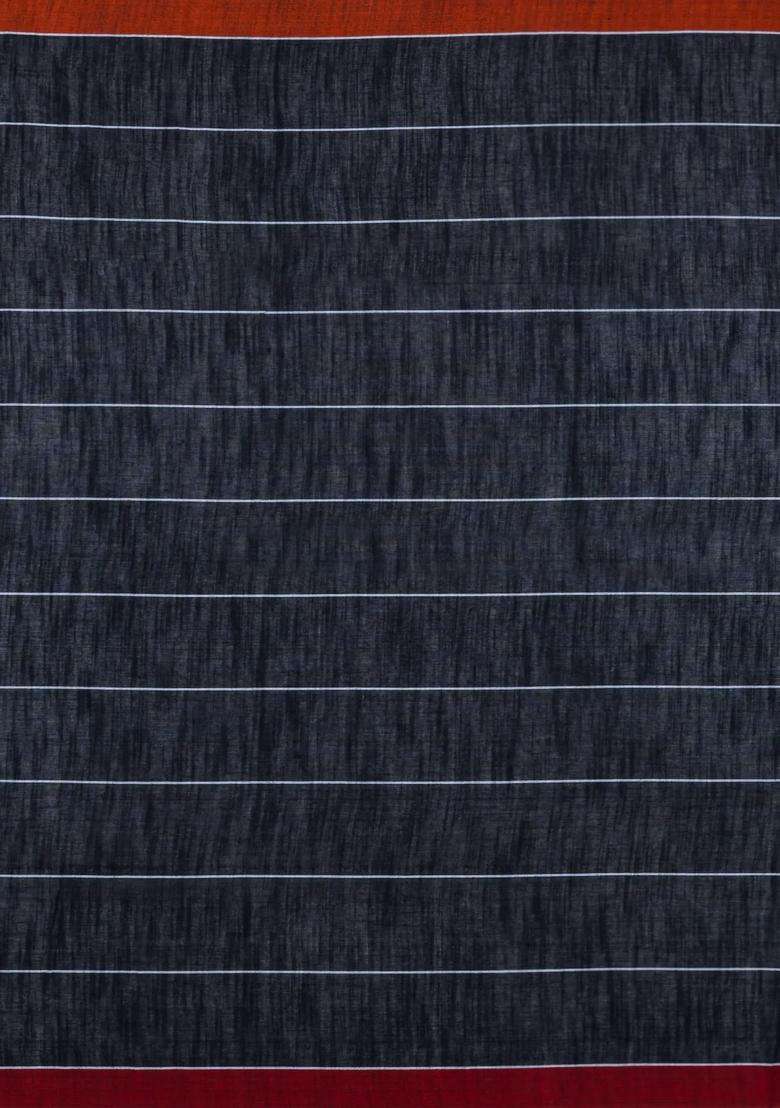 Black Handwoven Bengal Cotton Saree With Checks Contrast Border With Checks And Stripes Design For Women - Indya