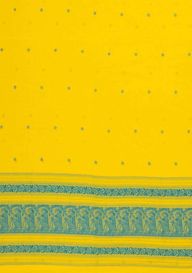 Yellow Handwoven Bengal Cotton Saree With Chakaram Buttas With Buttas And Brocade Design For Women - Indya
