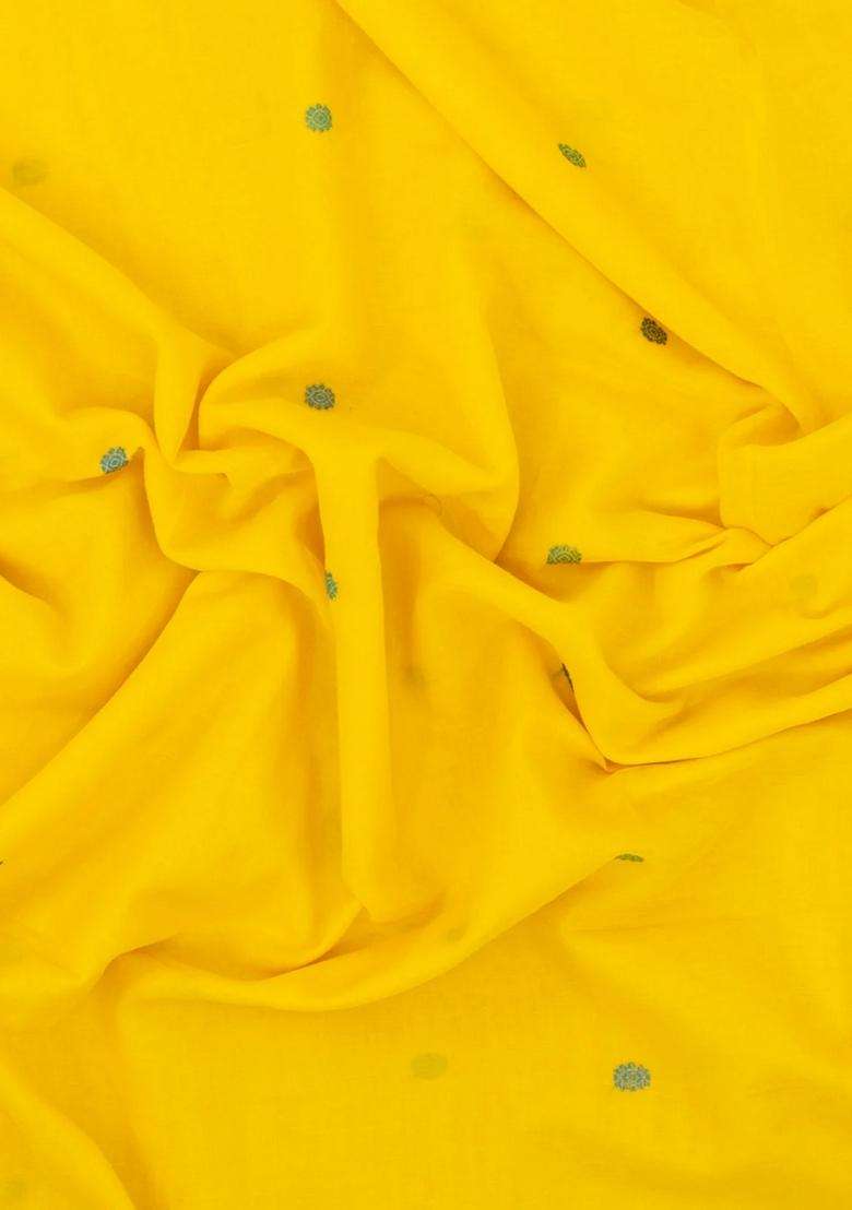 Yellow Handwoven Bengal Cotton Saree With Chakaram Buttas With Buttas And Brocade Design For Women - Indya