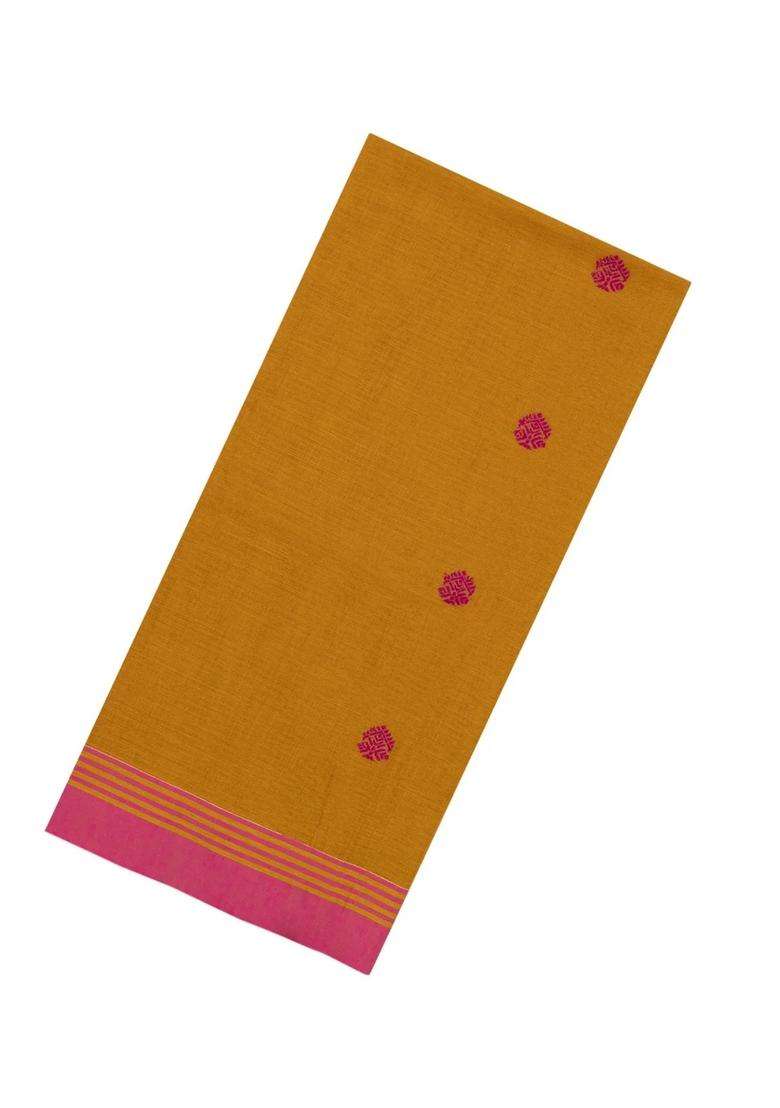 Oil Mustard Handwoven Bengal Cotton Saree With Floral Buttas With Buttas And Brocade Design For Women - Indya