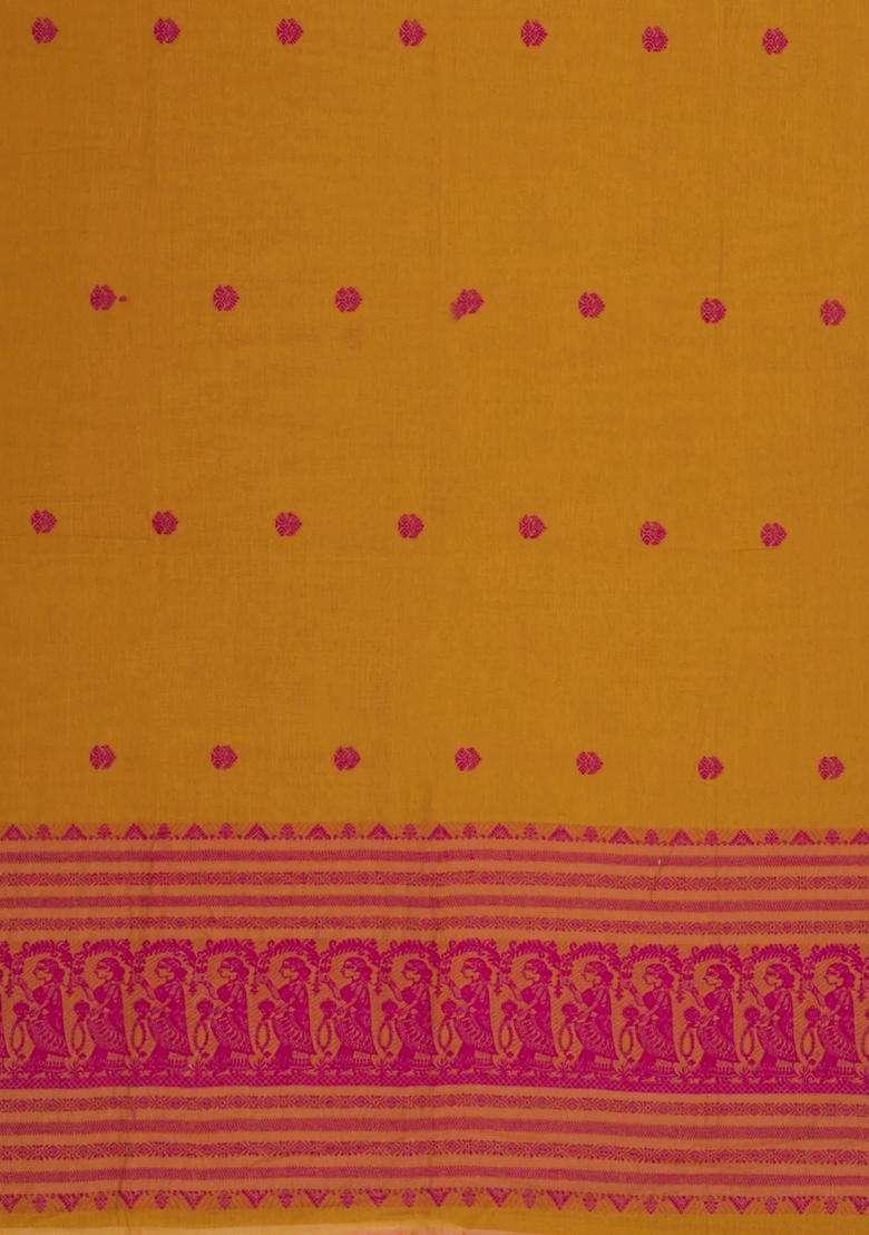 Oil Mustard Handwoven Bengal Cotton Saree With Floral Buttas With Buttas And Brocade Design For Women - Indya