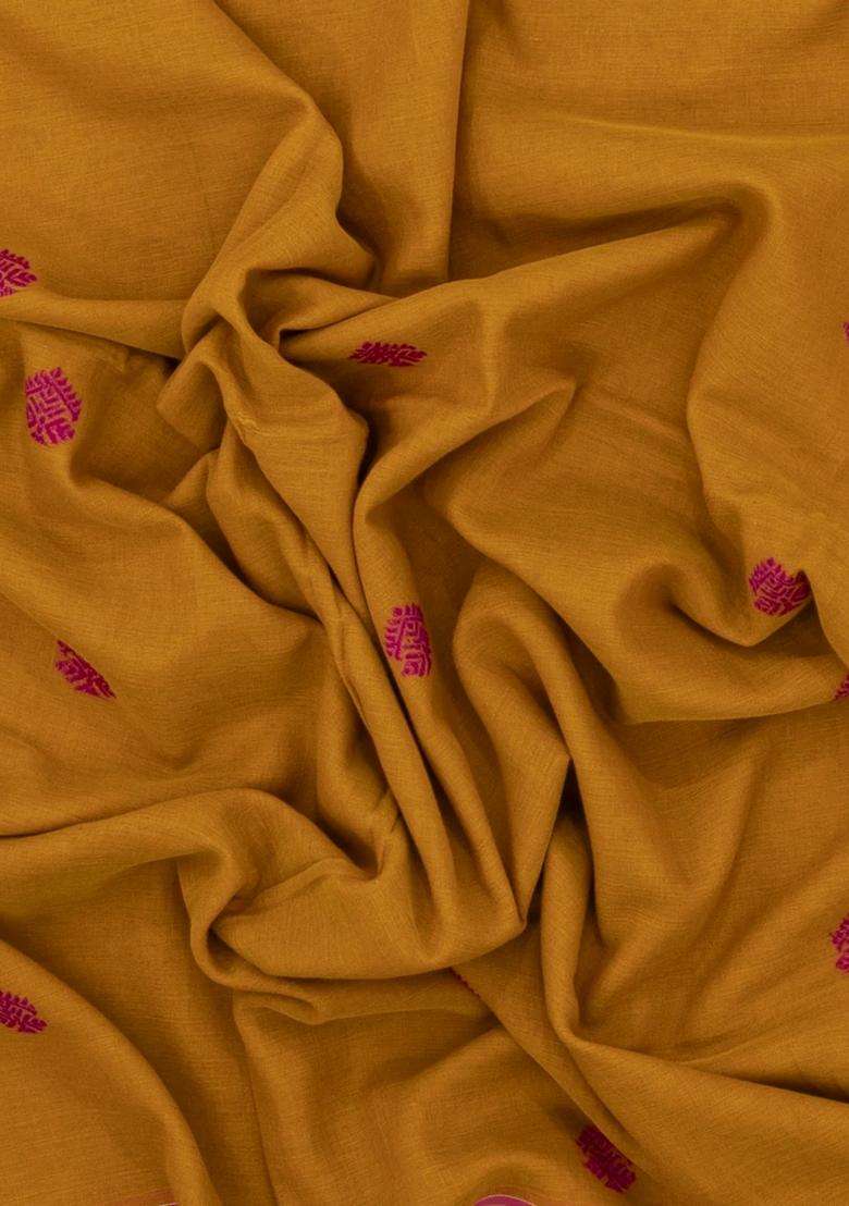 Oil Mustard Handwoven Bengal Cotton Saree With Floral Buttas With Buttas And Brocade Design For Women - Indya