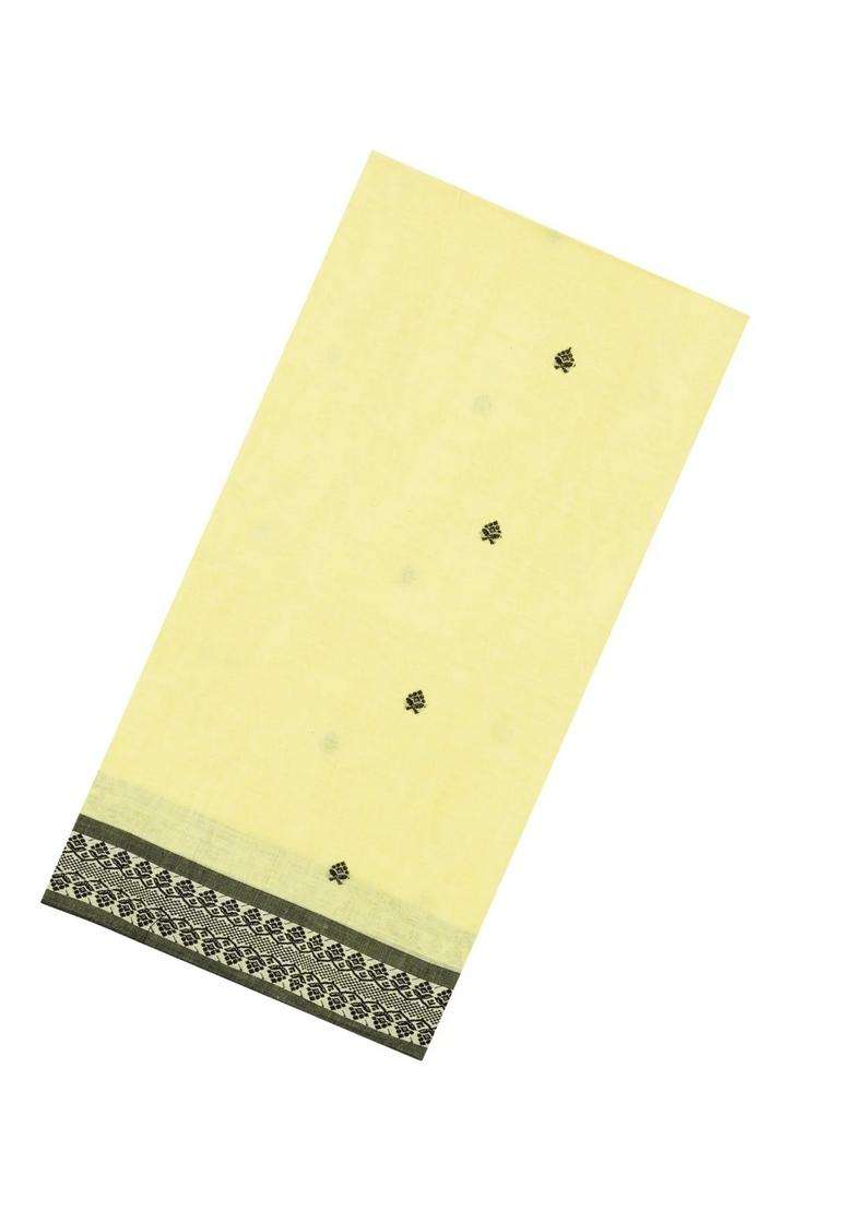 Light Yellow Handwoven Bengal Cotton Saree With Floral Buttas With Buttas And Brocade Design For Women - Indya