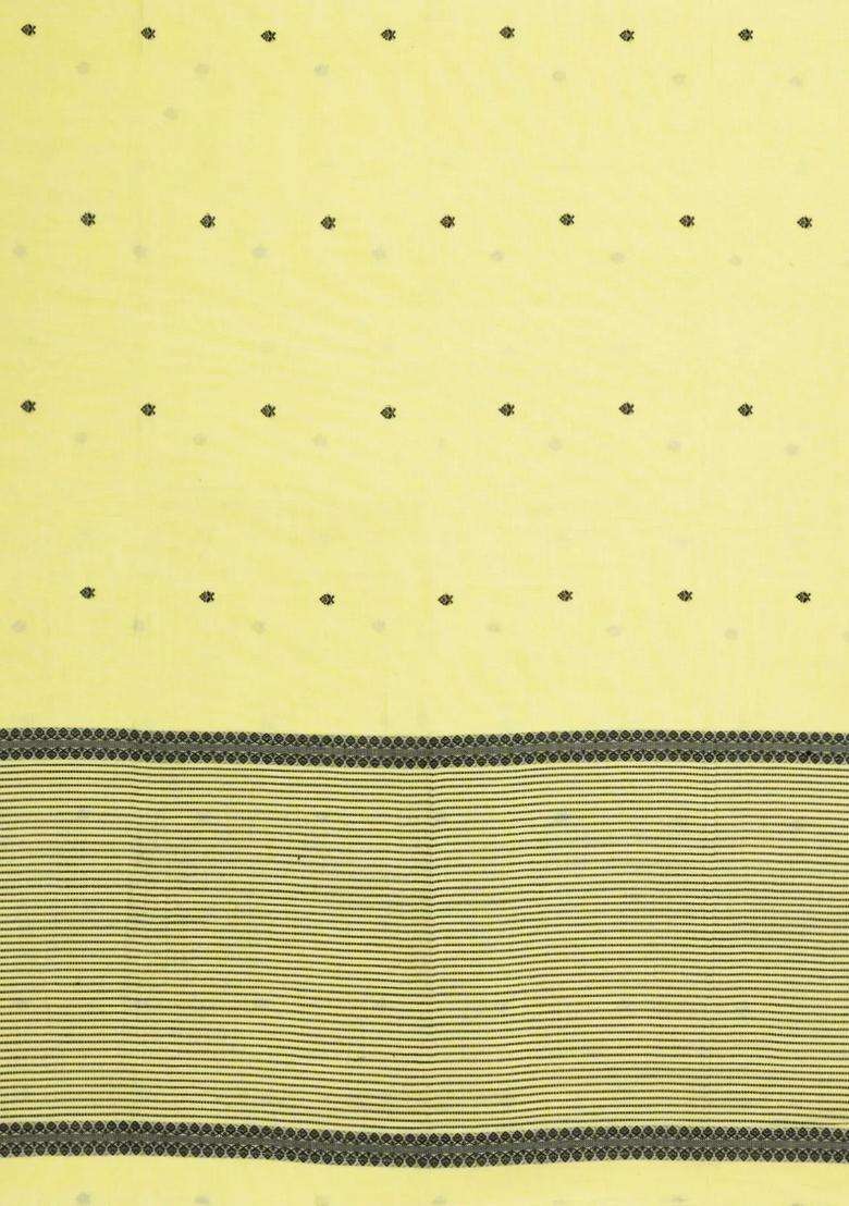 Light Yellow Handwoven Bengal Cotton Saree With Floral Buttas With Buttas And Brocade Design For Women - Indya