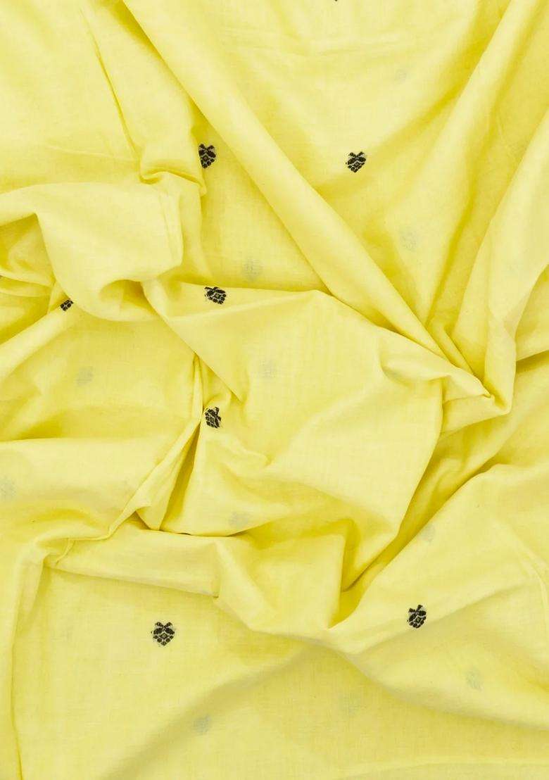 Light Yellow Handwoven Bengal Cotton Saree With Floral Buttas With Buttas And Brocade Design For Women - Indya