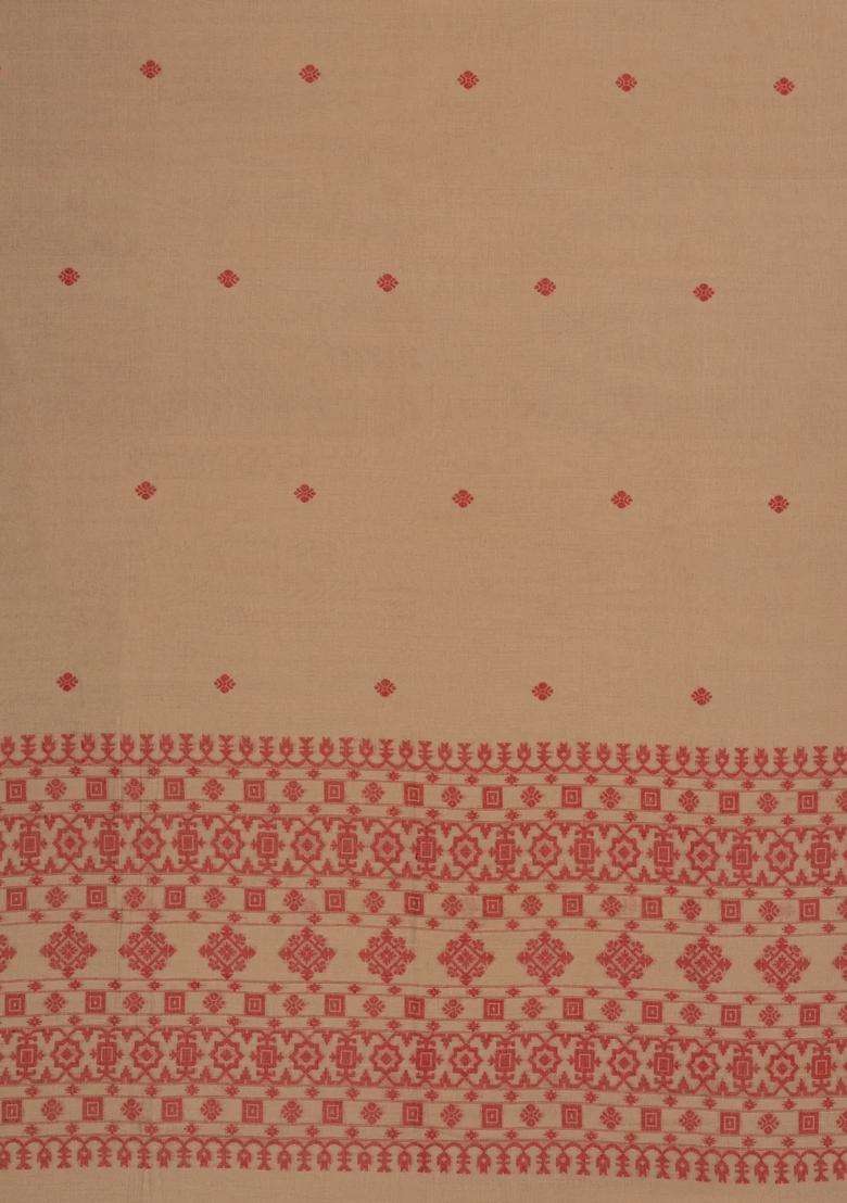 Taupe Handwoven Bengal Cotton Saree With Floral Buttas With Buttas And Brocade Design For Women - Indya