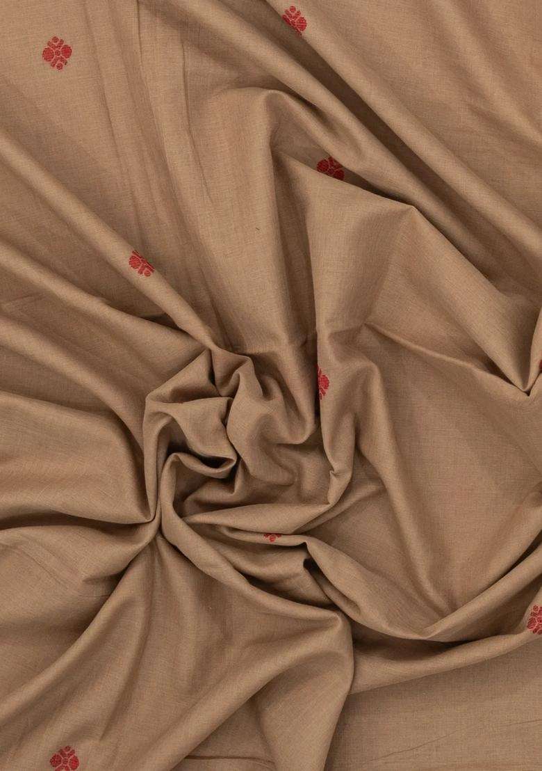 Taupe Handwoven Bengal Cotton Saree With Floral Buttas With Buttas And Brocade Design For Women - Indya