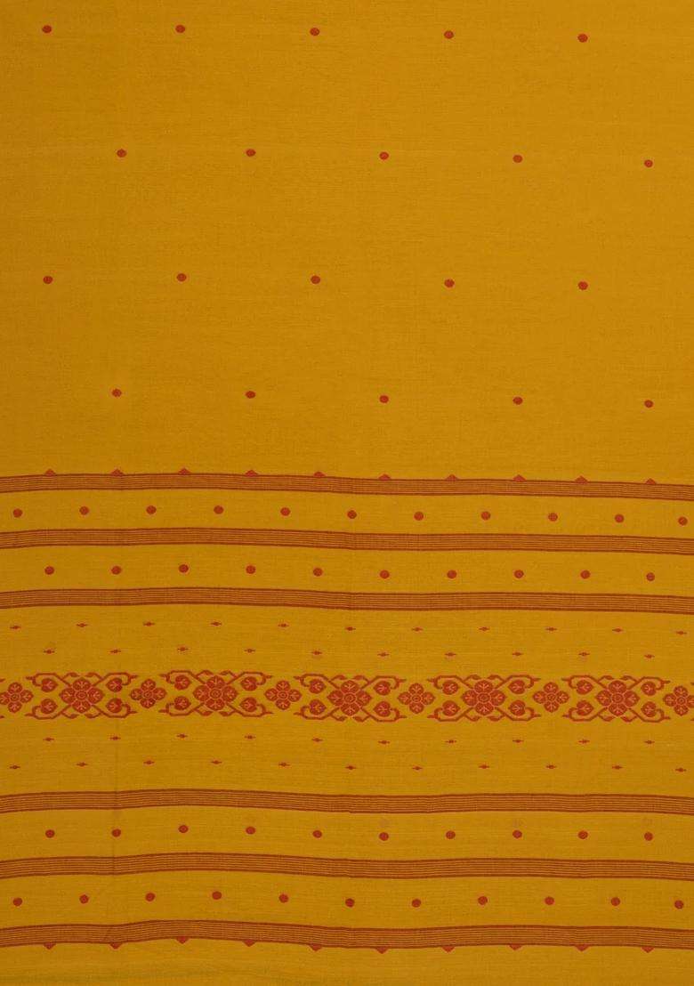 Mustard Handwoven Bengal Cotton Saree With Coin Buttas With Buttas And Brocade Design For Women - Indya