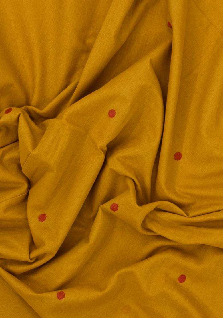 Mustard Handwoven Bengal Cotton Saree With Coin Buttas With Buttas And Brocade Design For Women - Indya