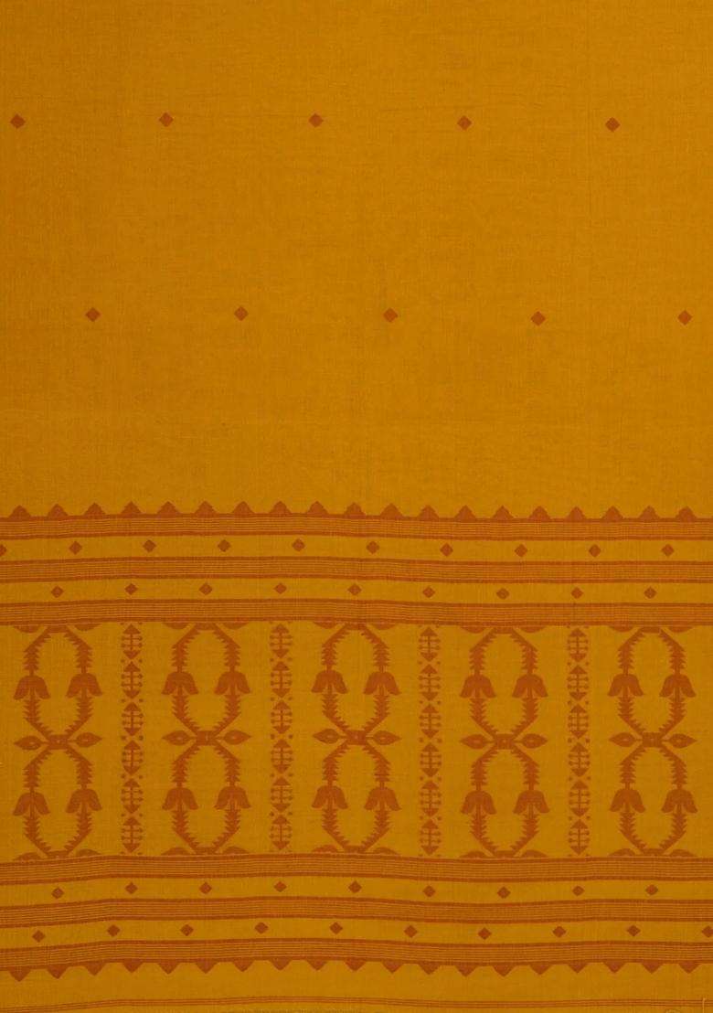 Oil Mustard Handwoven Bengal Cotton Saree With Diamond Buttas With Buttas And Brocade Design For Women - Indya