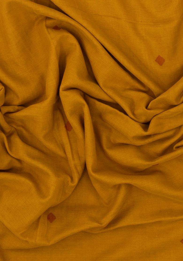 Oil Mustard Handwoven Bengal Cotton Saree With Diamond Buttas With Buttas And Brocade Design For Women - Indya