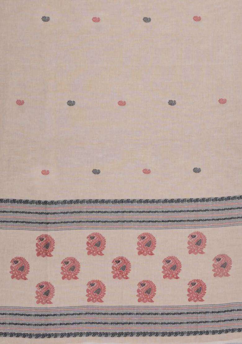 Taupe Handwoven Bengal Cotton Saree With Mango Buttas With Buttas And Brocade Design For Women - Indya