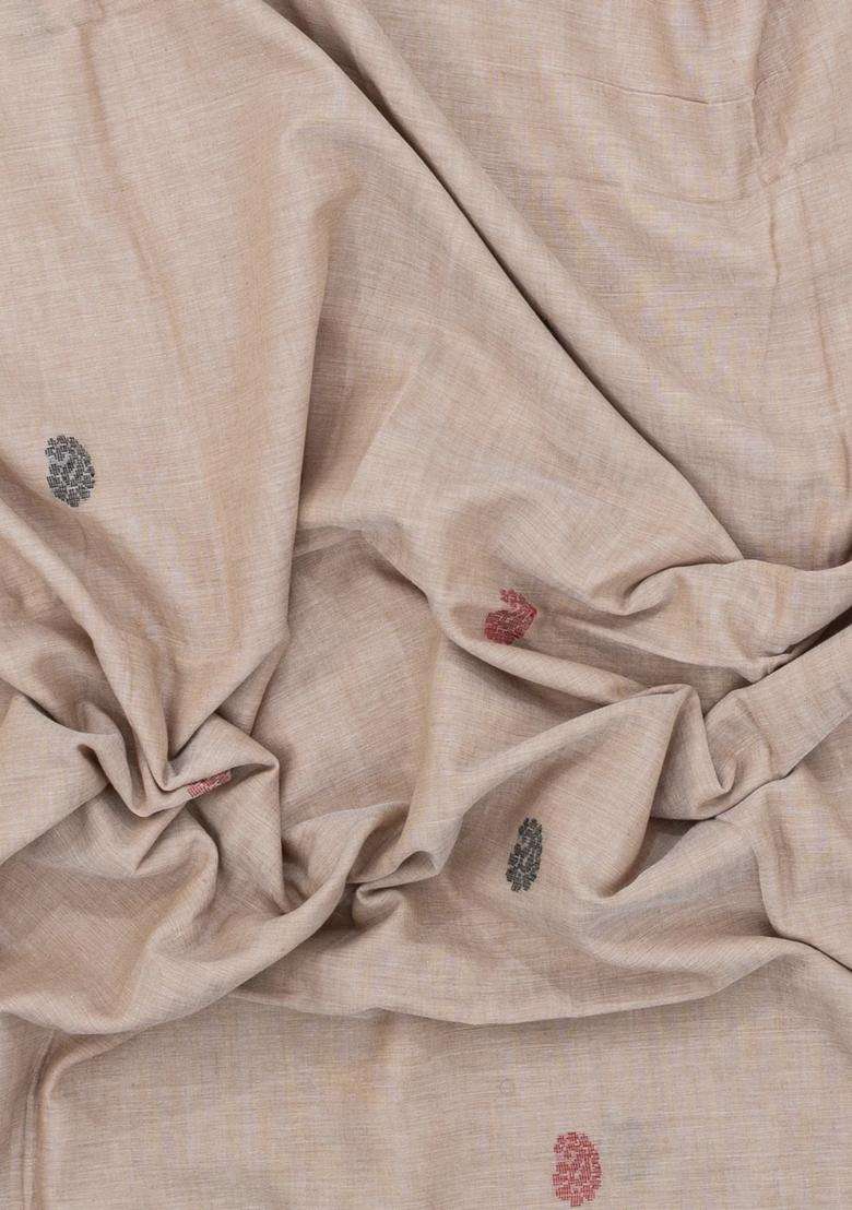 Taupe Handwoven Bengal Cotton Saree With Mango Buttas With Buttas And Brocade Design For Women - Indya
