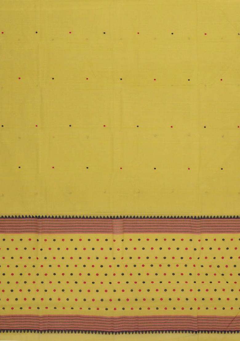 Lime Yellow Lemon Yellow Handwoven Bengal Cotton Saree With Buttas Contrast Border With Buttas And Brocade Design For Women - Indya