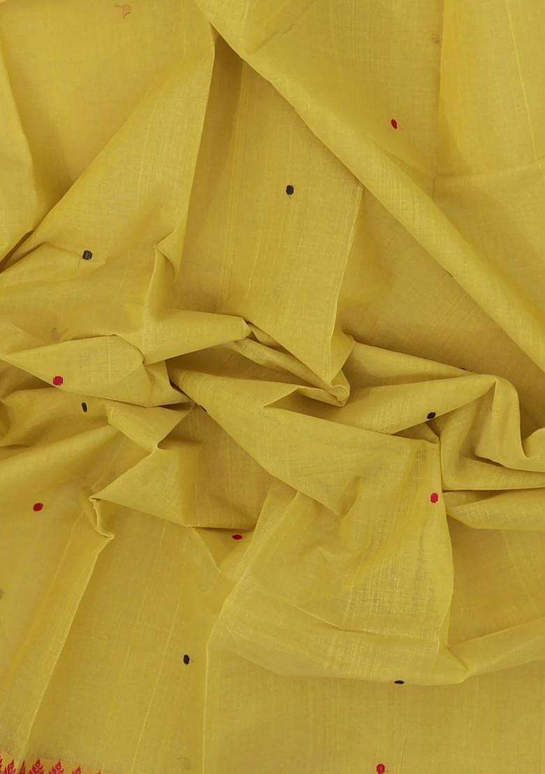 Lime Yellow Lemon Yellow Handwoven Bengal Cotton Saree With Buttas Contrast Border With Buttas And Brocade Design For Women - Indya