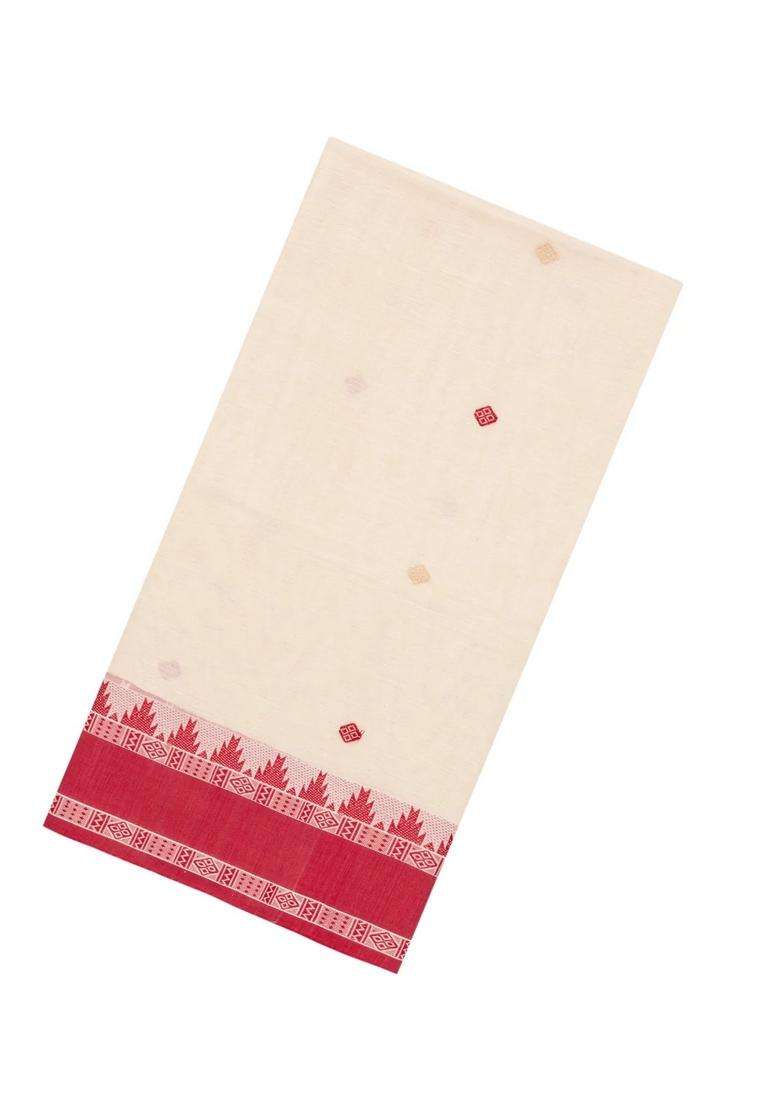 Off White Handwoven Bengal Cotton Saree With Buttas Contrast Border With Buttas And Brocade Design For Women - Indya