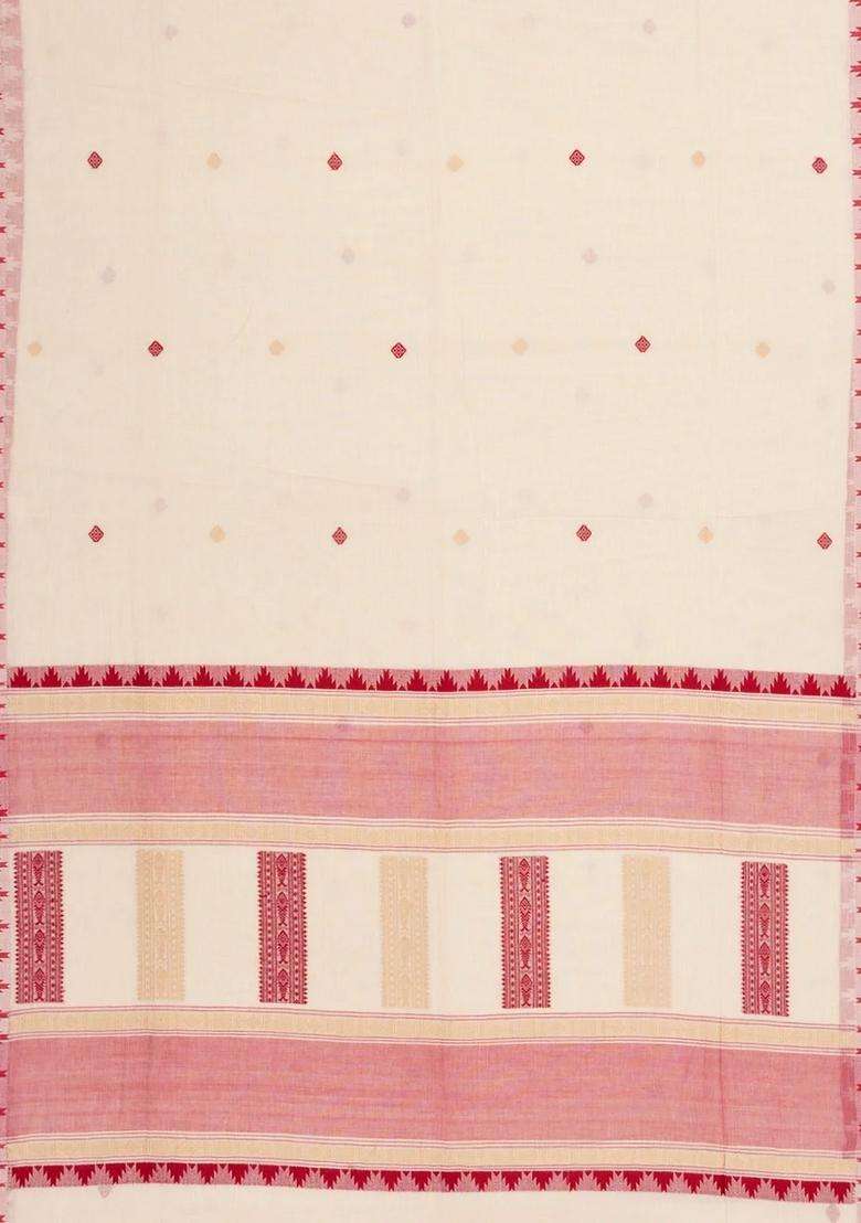 Off White Handwoven Bengal Cotton Saree With Buttas Contrast Border With Buttas And Brocade Design For Women - Indya