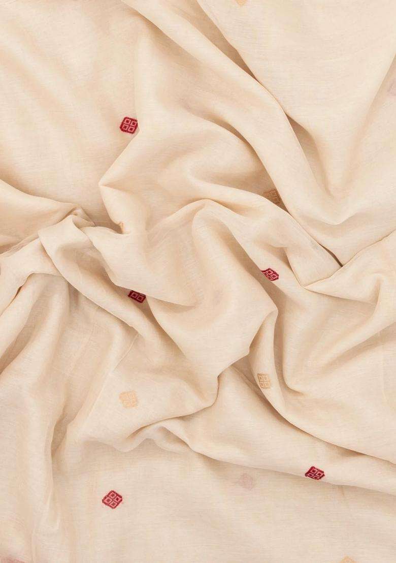 Off White Handwoven Bengal Cotton Saree With Buttas Contrast Border With Buttas And Brocade Design For Women - Indya
