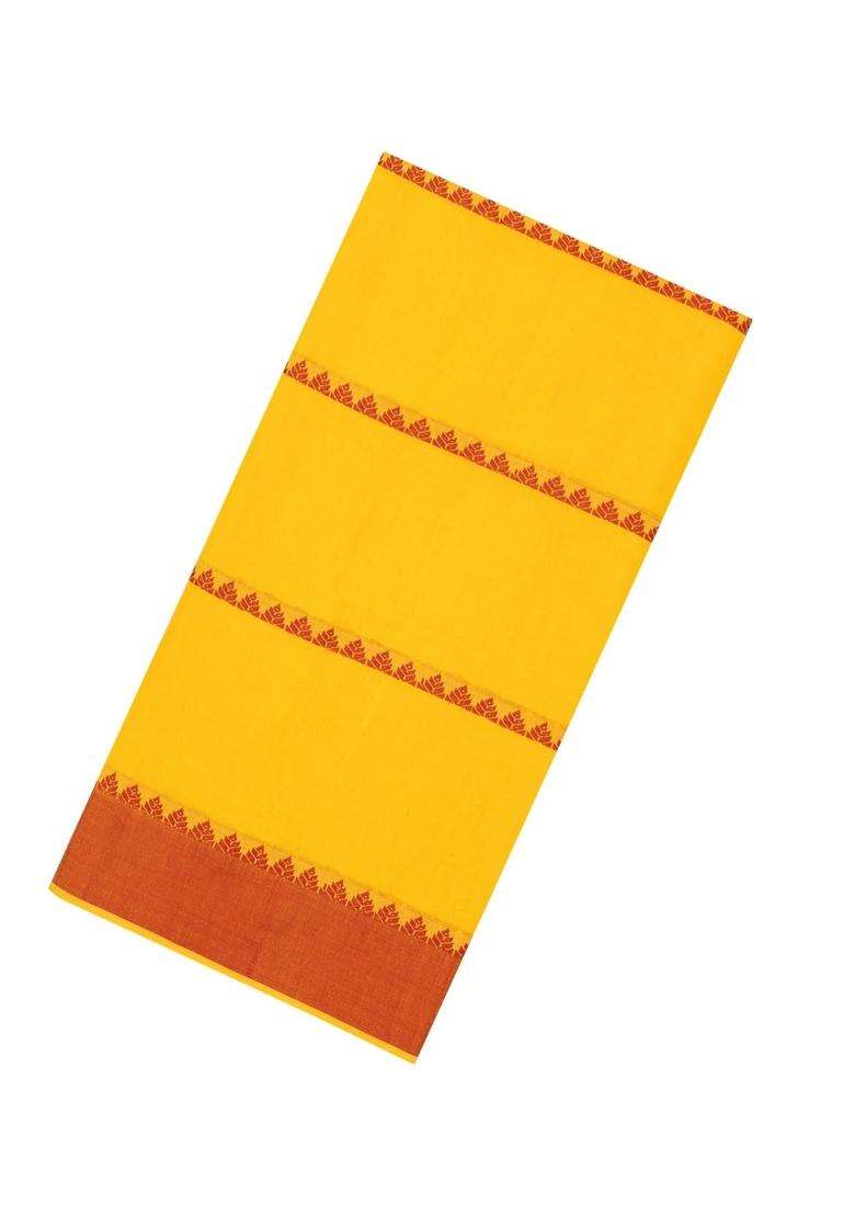 Yellow Handwoven Bengal Cotton Saree With Temple Stripes With Korvai And Temple Border Design For Women - Indya