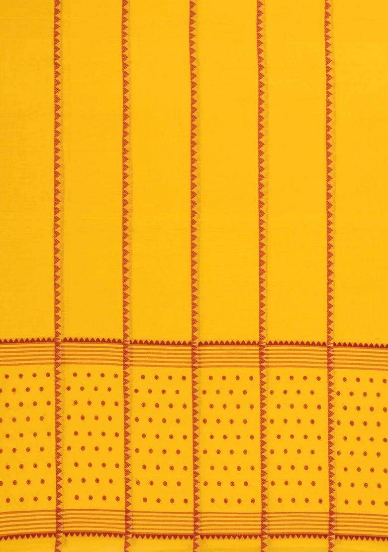 Yellow Handwoven Bengal Cotton Saree With Temple Stripes With Korvai And Temple Border Design For Women - Indya